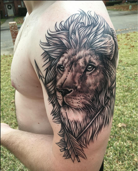 Tattoos - Realistic Lion on Shoulder- Instagram @michaelbalesart - 121894